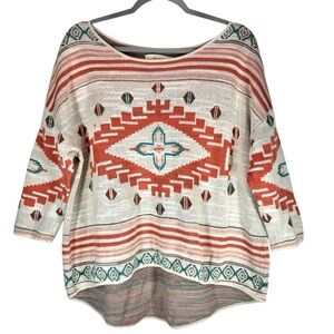 Southwestern Aztec Sweater Women’s Large Boho Tribal Print Pullover 3/4 sleeve